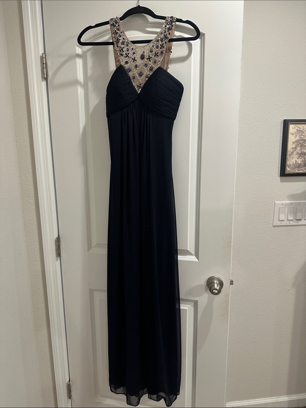 Aqua Navy Beaded Illusion Halter Evening Dress
